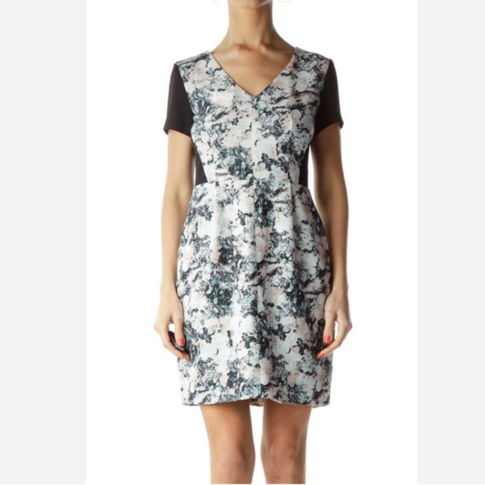 Club Monaco Ponte Fit & Flare Mini Dress Floral Print Colorblock Panels
